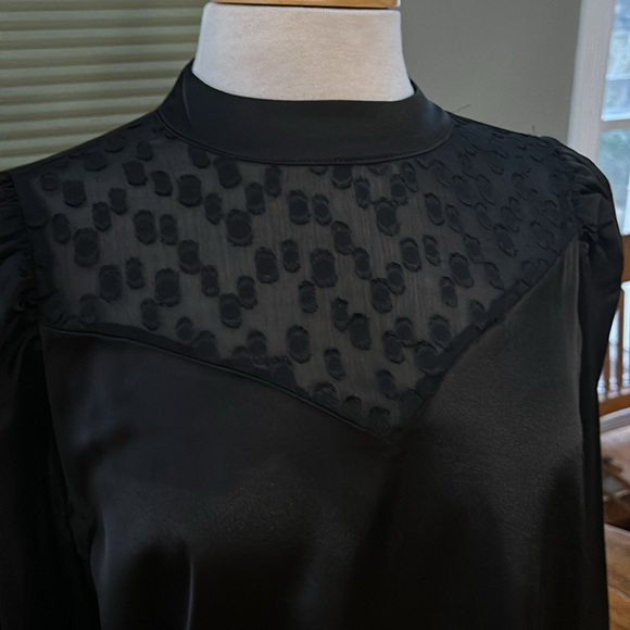 Pleione black dressy blouse. High neck, sheer details, long sleeves. Size Large - Picture 3 of 10